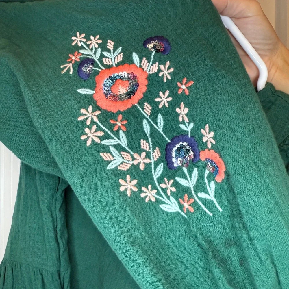 Cat & Jack Girls Green Floral Embroidered Long Sleeve Dress Size M 7/8 - Picture 4 of 7